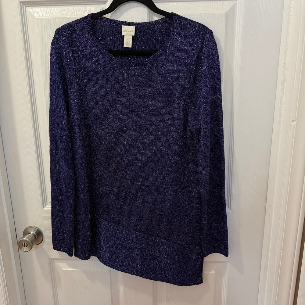 Chicos Women Size 2/L Long Sleeve Purple Metallic Knit‎ Asymmetrical Sweater Top